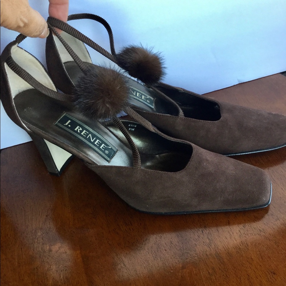 J. Renee Brown Suede Pom Pom Heels